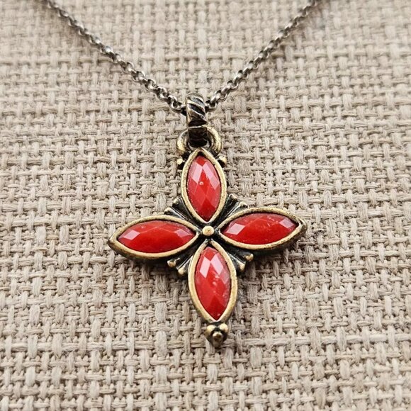 Vintage Necklace Brown Tone Chain Red Faux Stone Pendant Fashion Jewelry - Picture 2 of 10